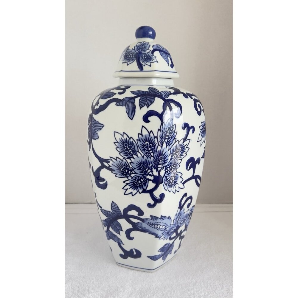 Vintage Chinoiserie Hexagon Ginger Jar Blue White15"H x 7"W Asian Home Decor - Picture 2 of 7